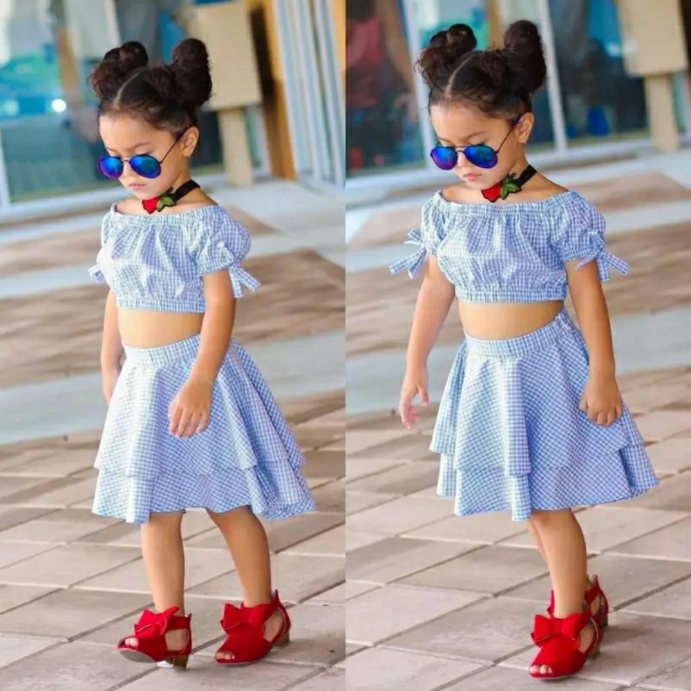 Toddler Girl Plaid Print Off Shoulder Bowknot Set
